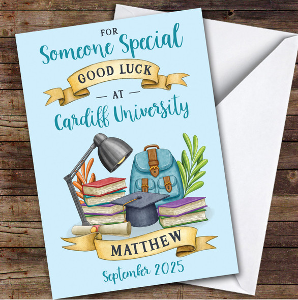 Personalized Off To University Card For Someone Special Blue Book Backpack
