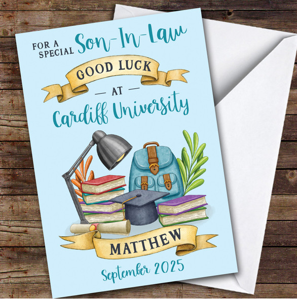 Personalized Off To University Card For Son-In-Law Blue Book Backpack