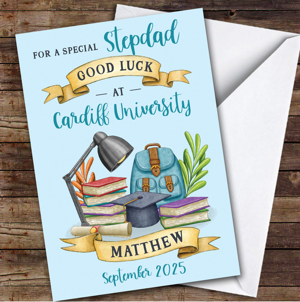 Personalized Off To University Card For Stepdad Blue Book Backpack