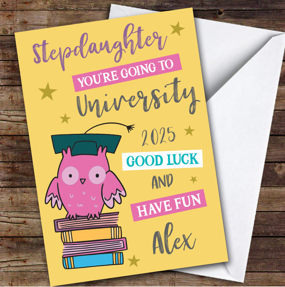 Personalized Off To University Card For Stepdaughter Pink Owl