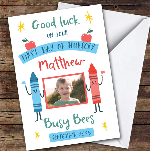 Personalized First Day Of Nursery Card For Anyone Photo Blue Red Crayon