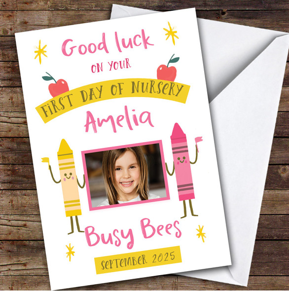 Personalized First Day Of Nursery Card For Anyone Photo Pink Yellow Crayon