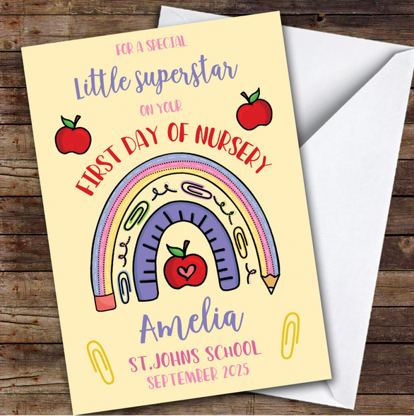 Personalized First Day Of Nursery Card For Anyone Rainbow Pencil Yellow