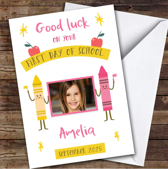 Personalized First Day Of School Card For Anyone Photo Pink Yellow Crayon