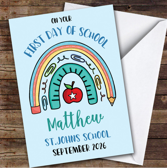 Personalized First Day Of School Card For Anyone Rainbow Pencil Blue