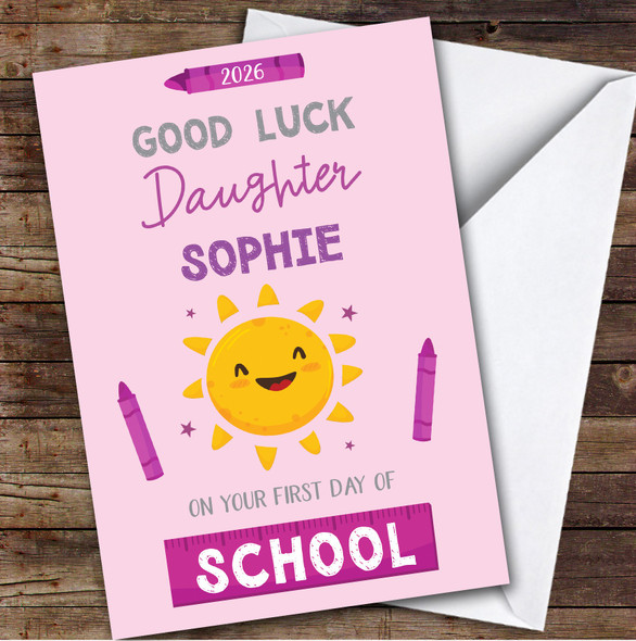 Personalized First Day Of School Card For Daughter Sun Pink Crayon