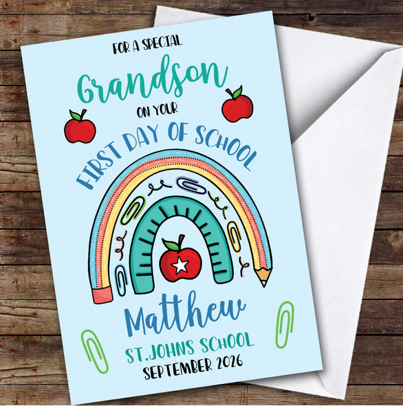 Personalized First Day Of School Card For Grandson Rainbow Pencil Blue