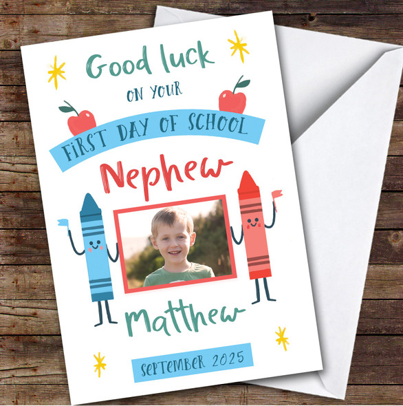 Personalized First Day Of School Card For Nephew Photo Blue Red Crayon