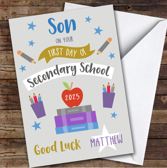 Personalized First Day Of School Card For Son Secondary Grey