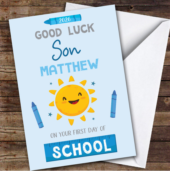 Personalized First Day Of School Card For Son Sun Blue Crayon