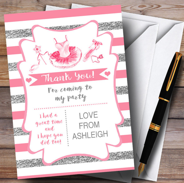 Silver & Pink Stripes Ballerina Ballet Party Thank You Cards