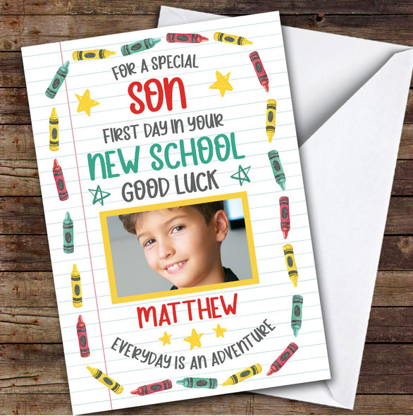 Personalized Going To New School Card For Son Photo Crayons