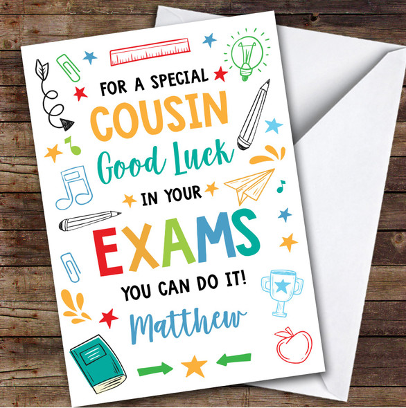 Personalized Good Luck In Exams Card For Cousin Bright Doodle