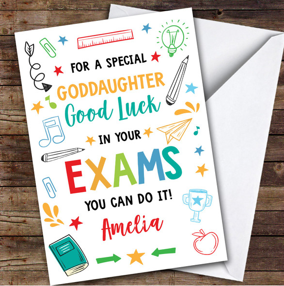Personalized Good Luck In Exams Card For Goddaughter Bright Doodle