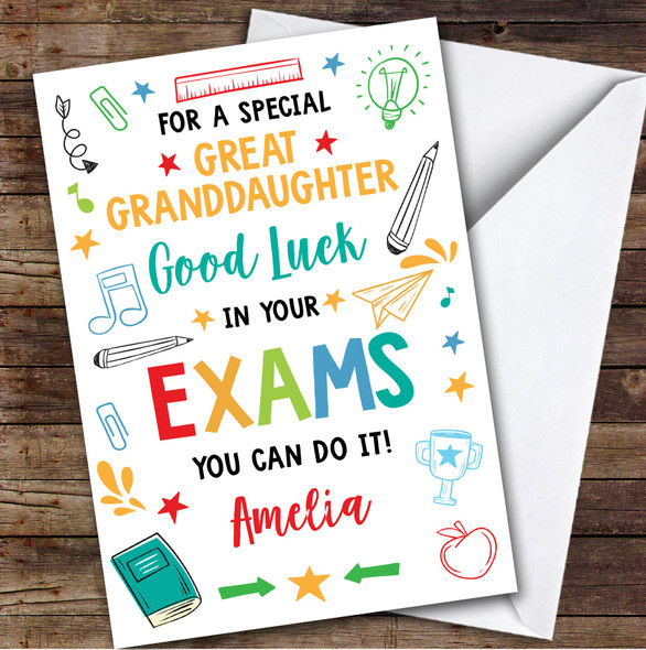 Personalized Good Luck In Exams Card For Great Granddaughter Bright Doodle