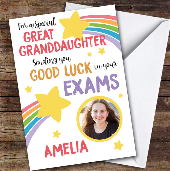 Personalized Good Luck In Exams Card For Great Granddaughter Photo Rainbow Star