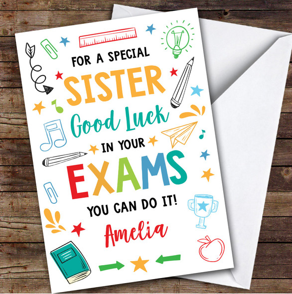 Personalized Good Luck In Exams Card For Sister Bright Doodle