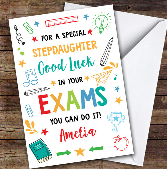 Personalized Good Luck In Exams Card For Stepdaughter Bright Doodle