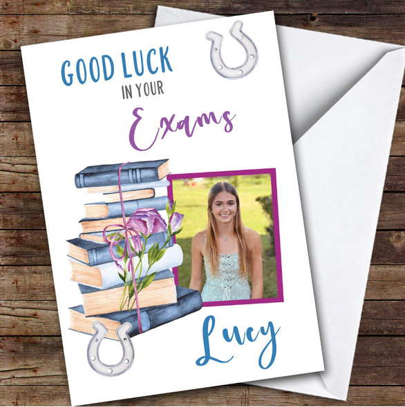 Personalized Good Luck In Your Exams Card For Anyone Photo Purple Books
