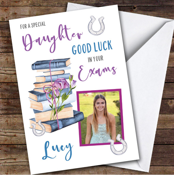 Personalized Good Luck In Your Exams Card For Daughter Photo Purple Books