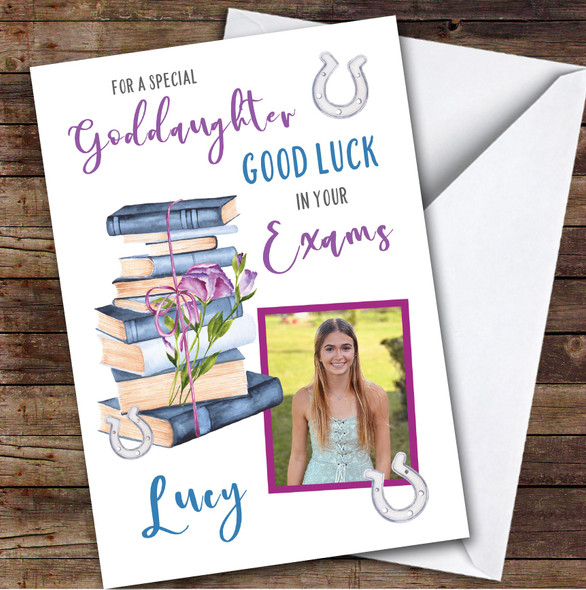 Personalized Good Luck In Your Exams Card For Goddaughter Photo Purple Books