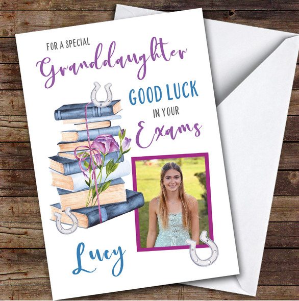 Personalized Good Luck In Your Exams Card For Granddaughter Photo Purple Books