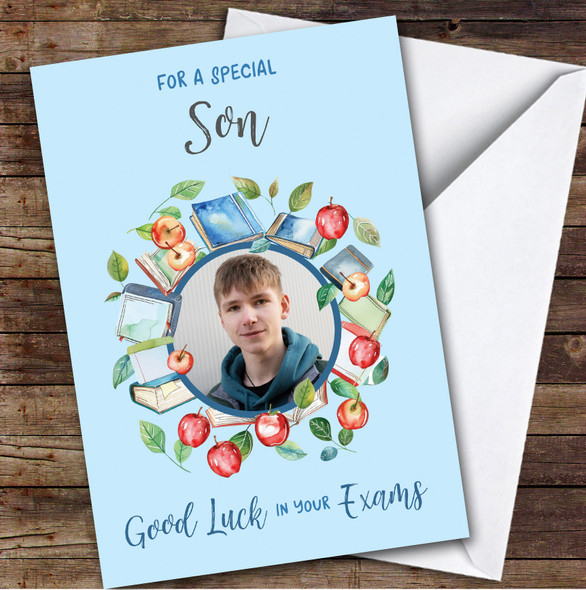 Personalized Good Luck In Your Exams Card For Son Photo Apple Books Blue