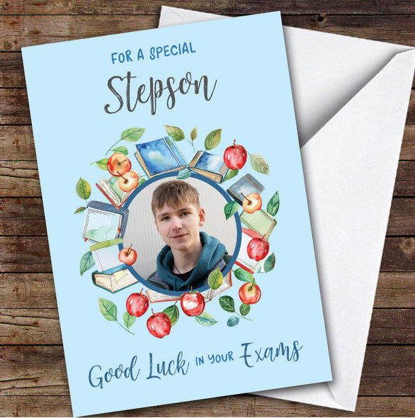 Personalized Good Luck In Your Exams Card For Stepson Photo Apple Books Blue