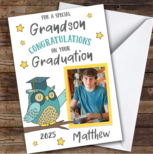Personalized Graduation Card For Grandson Photo Green Owl