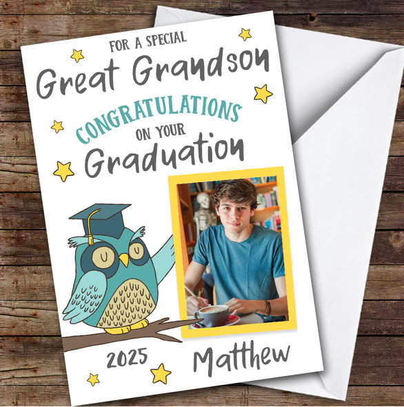 Personalized Graduation Card For Great Grandson Photo Green Owl