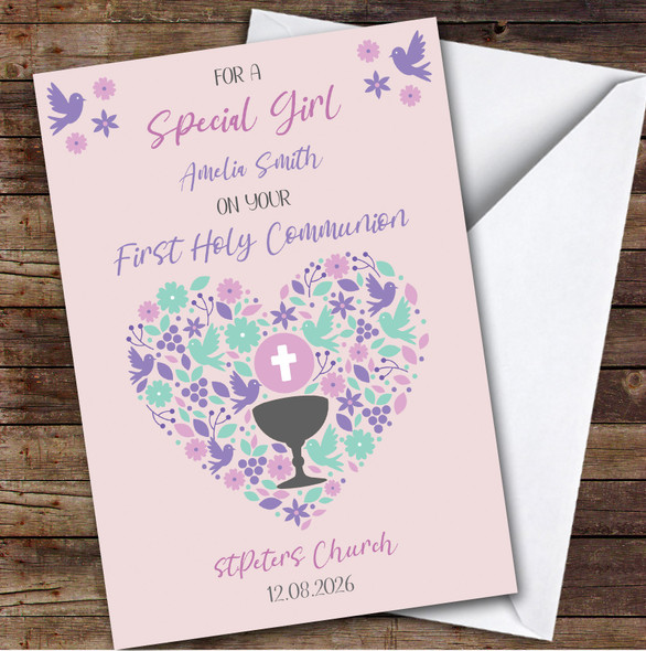 Personalized First Holy Communion Card For Anyone Girl Pink Heart