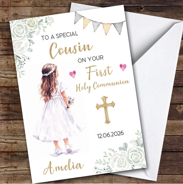Personalized First Holy Communion Card For Cousin Little Girl White Flowers