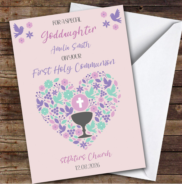 Personalized First Holy Communion Card For Goddaughter Pink Heart