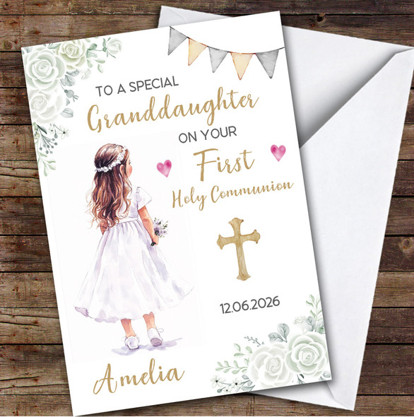 Personalized First Holy Communion Card For Granddaughter Little Girl Flowers