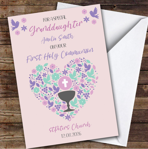 Personalized First Holy Communion Card For Granddaughter Pink Heart