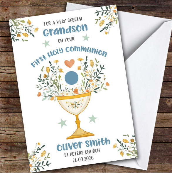 Personalized First Holy Communion Card For Grandson Blue Chalice