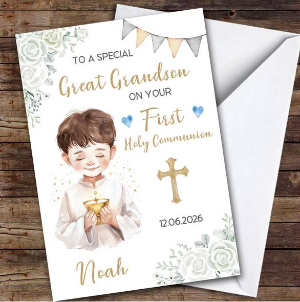 Personalized First Holy Communion Card For Great Grandson Little Boy Flowers