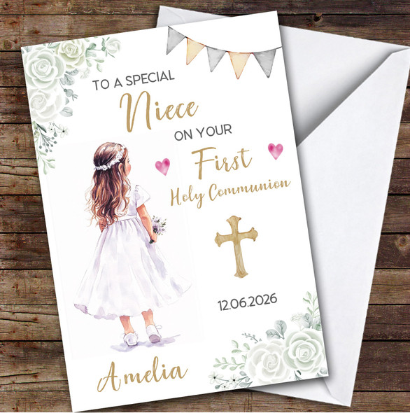 Personalized First Holy Communion Card For Niece Little Girl White Flowers
