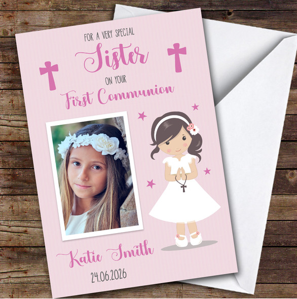 Personalized First Holy Communion Card For Sister Photo Pink Girl
