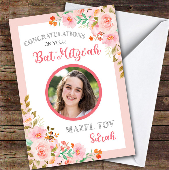 Personalized Bat Mitzvah Card For Anyone Photo Pink Flowers