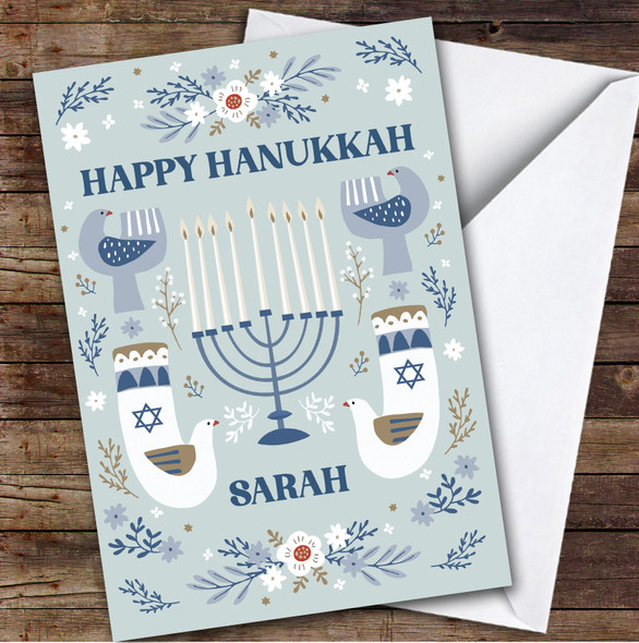 Personalized Hanukkah Card For Anyone Candles Bird Flowers Blue