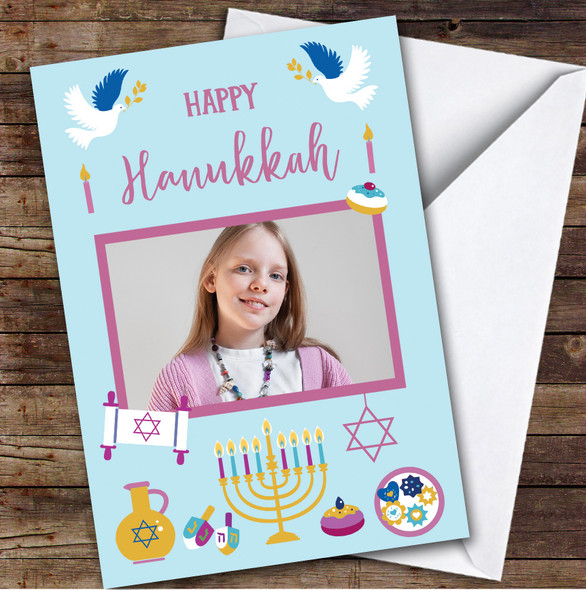 Personalized Hanukkah Card For Anyone Photo Pink Dove Scroll