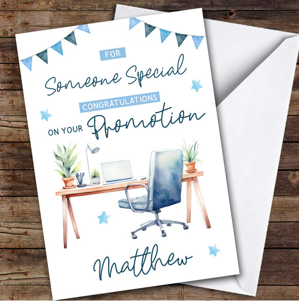 Personalized New Job Promotion Card For Desk Job Blue