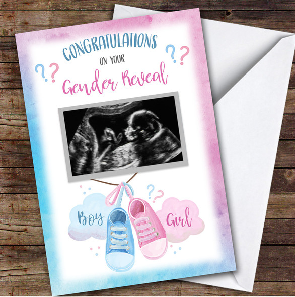 Personalized Gender Reveal Card For Anyone Photo Shoes Pink Blue