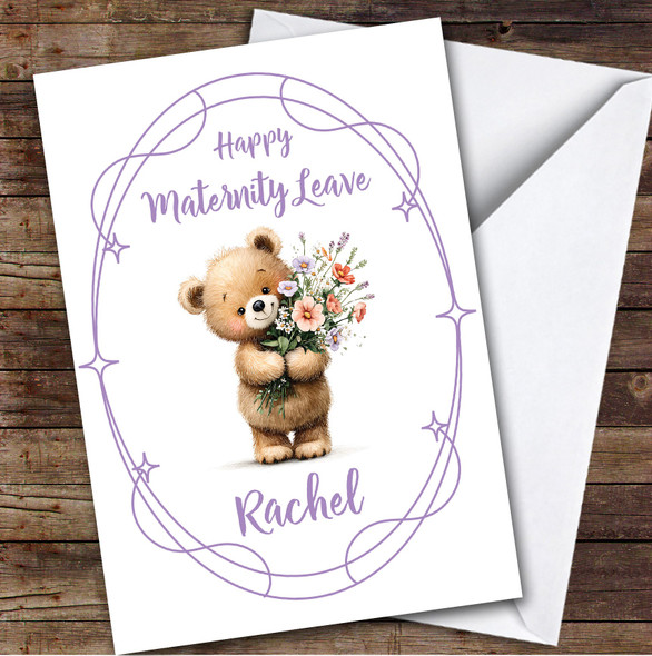 Personalized Maternity Leave Card For Anyone Bear Flowers Purple