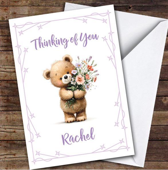 Personalized Thinking Of You Card For Anyone Bear Flowers Purple