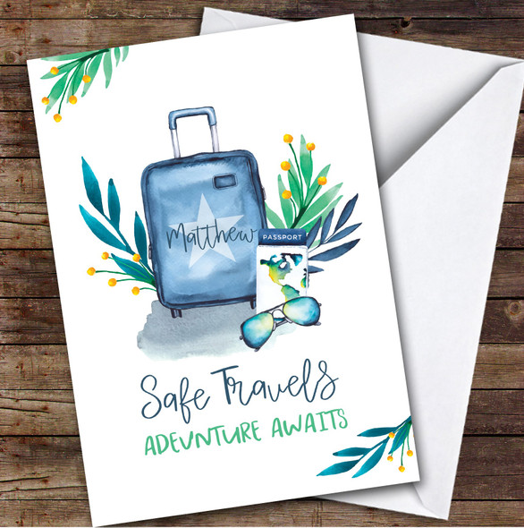 Personalized Going Travelling Card For Anyone Blue Suitcase Safe Travels