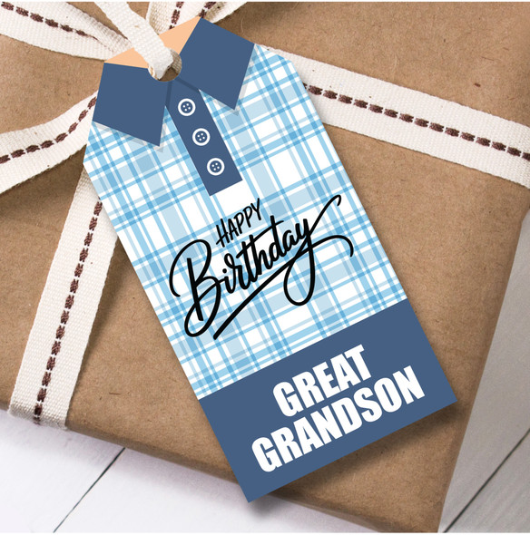 Birthday 12 Large Gift Tags For Great Grandson Blue Check Shirt Birthday