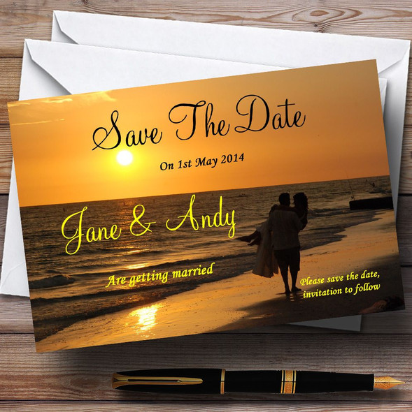 Romantic Beach Groom Carrying Bride Jetting Off Abroad Personalized Wedding Save The Date Cards