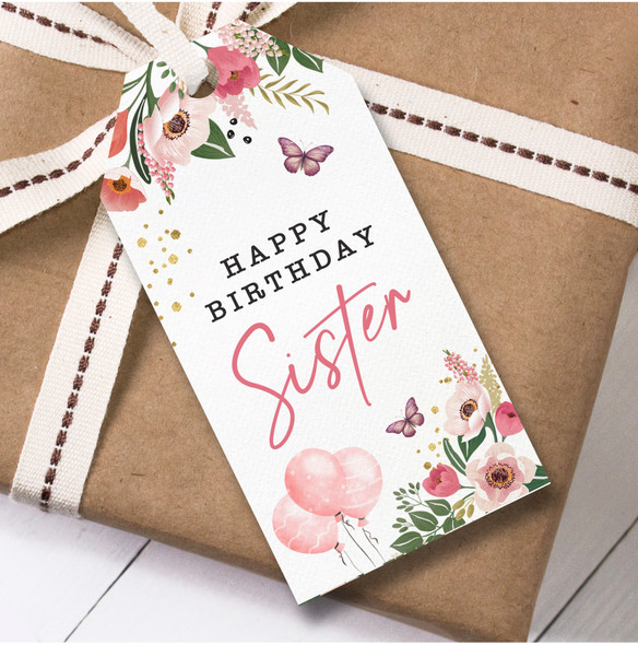 Birthday 12 Large Gift Tags For Sister Pink Floral Butterflies Birthday